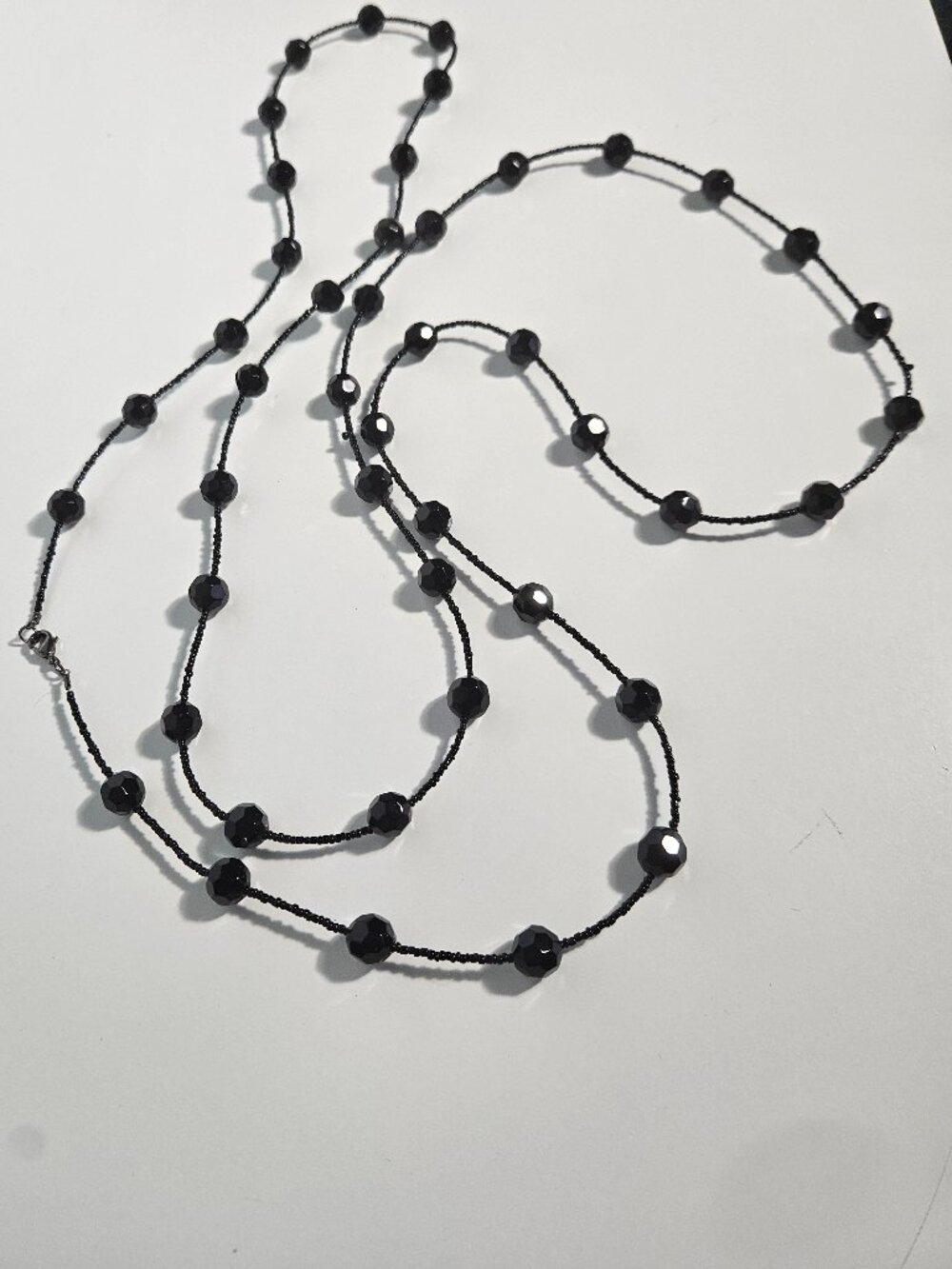 BEADED STATION NECKLACE,  FACETED BLACK GLASS AND SEED BEADS, OPERA LENGTH